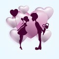 A composition of purple from hearts with a dark silhouette of a guy and a girl with a ball Royalty Free Stock Photo