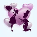 A composition of a purple hue from hearts and a dark silhouette of a guy in a hat and a girl with balls Royalty Free Stock Photo