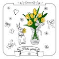 Composition with rabbit, yellow tulip flowers and doodle elements. Hand drawn sketch of monocrome and color objects.