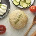 Composition with raw dought and fresh ingredients for pizza, buns, bread, isolated on white background. Copy space. Flat lay food Royalty Free Stock Photo