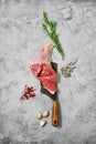 Composition with raw lamb leg, chump off shank Royalty Free Stock Photo