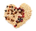 Composition with raw oatmeal, raisins and cranberries on white background