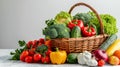 Composition of raw organic vegetables and fruits in basket on white background generative ai Royalty Free Stock Photo