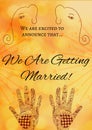 Composition of we\'re getting married message with henna tattooed hands and elephant heads on yellow