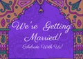 Composition of we\'re getting married text and copy space on purple asian pattern