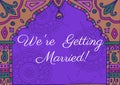 Composition of we\'re getting married text and copy space on purple asian pattern