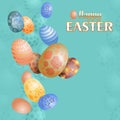 Composition of realistic easter eggs. Holiday background. Happy easter big text. Realictic vector illustration for spring