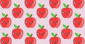 Composition of red apples with faces repeated in rows on pale pink background