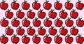 Composition of red apples repeated in rows on pale pink background