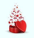 Composition with a red casket and a variety of red hearts,