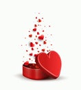 Composition with a red casket and a variety of red hearts,