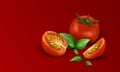 Composition of red cherry tomatoes with leaves and a sprig of green basil. 3d realistic vector