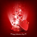 Composition of red color with a casket, set of hearts and rays of light. Royalty Free Stock Photo