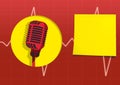 Composition of red retro microphone, yellow circle and square over heartbeat monitor on red