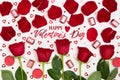 Composition of red roses, chocolates, sequins hearts, candles, inscription Happy Valentine\'s Day. Advertising content for Royalty Free Stock Photo