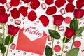 Composition of red roses, chocolates, sequins hearts, envelopes, candles, inscription Happy Birthday. Advertising content for Royalty Free Stock Photo