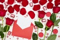 Composition of red roses, chocolates, sequins hearts, envelopes, candles on white background. Content for Birthday, Valentines Day Royalty Free Stock Photo