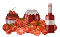 Composition of red tomatoes and glass jars with tomato paste. Digital illustration on a white background. Applicable for packaging Royalty Free Stock Photo