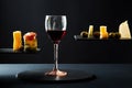 Composition of red wine in glass and pieces of prosciutto and cheese and olives on black background Royalty Free Stock Photo