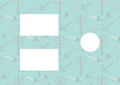 Composition of repeated sword and axe design on pale blue with rectangular and circular copy spaces