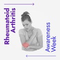 Composition of rheumatoid arthritis awareness week text over caucasian woman holding elbow