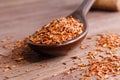 Composition of Rooibos tea is located on a ceramic spoon. Macro