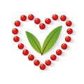 Composition of rowan berries and leaves heart shaped with shadow. Vector illustration on a white background. Mountain