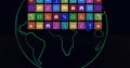 Composition of rows of multi coloured digital icons over green globe outline on black