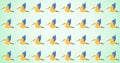 Composition of rows of yellow and blue birds on green background