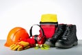 Composition with safety equipment, protective shoes, safety glasses, gloves and hearing protection