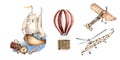 Composition of sailing ship, hot air balloon watercolor illustration isolated on white. Spyglass, airplane, carpet