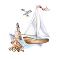 Composition of sailing ship vintage style watercolor illustration isolated on white. Compass, spyglass, map