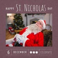 Composition of saint nicholas day text and sleeping santa claus at christmas Royalty Free Stock Photo