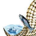 Composition of salmon, trout and fishnet watercolor illustration isolated on white. Royalty Free Stock Photo