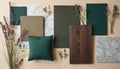 Composition with samples of wood marble fabrics and lavender. Interior design mood board with dark walnut wood elements. Royalty Free Stock Photo