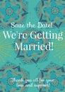 Composition of save the date we\'re getting married message in white text on blue flower pattern