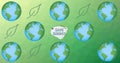 Composition of save energy text, with leaf logos and globes on green background Royalty Free Stock Photo