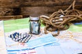 Composition with saving money banknotes in a glass jar with pills and surgical mask on map. Concept of investing and keeping money Royalty Free Stock Photo