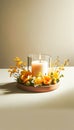 Composition with Scented Candle in Bowl Surrounded by Yellow Daffodils Flowers and Spring Blossom Twigs.Celebration spring