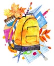 Composition with school items. Backpack, autumn leaves, brushes and stationery. Hand drawn watercolor illustration