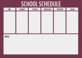 Composition of school schedule, with days, time and notes in black text, and maroon grid on grey