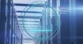 Composition of scope scanning with data processing and mathematical equations over server room Royalty Free Stock Photo