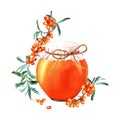 Composition with sea buckthorn and glass jar with fabric cover, filled with jam. Watercolor illustration isolated. Royalty Free Stock Photo