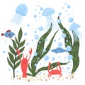 Composition sea fauna on white background. Cartoon cute jellyfish, fish, crayfish crab, bubble and seaweed in doodle