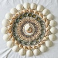 A composition of seashells arranged in concentric circles on a white surface. At the center is a Royalty Free Stock Photo