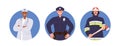 Composition set with doctor, policeman and firefighter people characters life saving professions