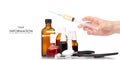 Composition set of medicine bottles stethoscope syringe in hand pattern Royalty Free Stock Photo