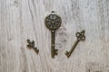 Old bronze keys on a wooden background.