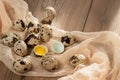 Composition of several quail eggs on decorative fabric on a wooden table close-up, flatlay Royalty Free Stock Photo