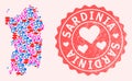 Composition of Sexy Smile Map of Sardinia Region and Grunge Heart Stamp Royalty Free Stock Photo